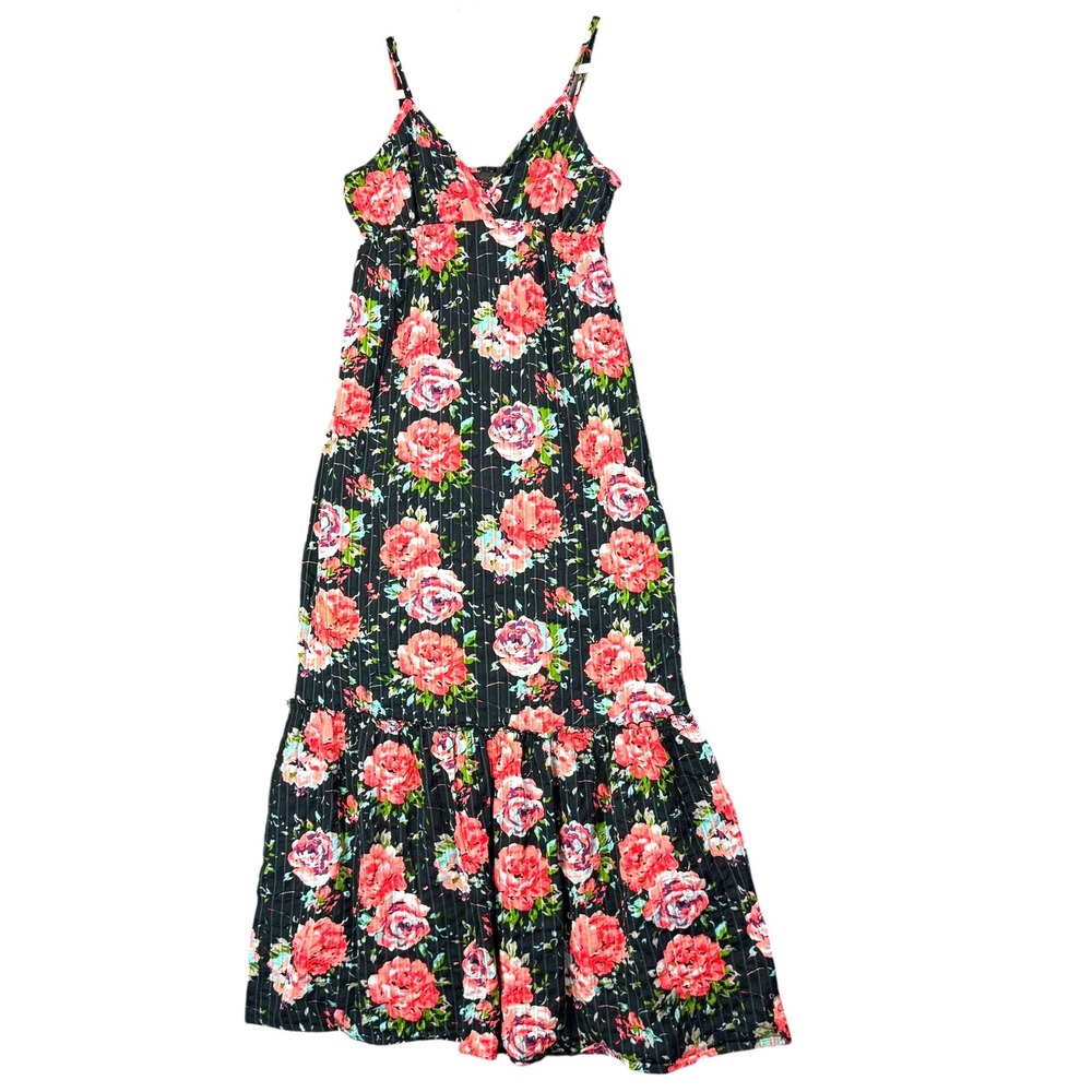 2b Bebe Womens Black Floral Rose Metallic Stripe Tiered Maxi Dress Medium